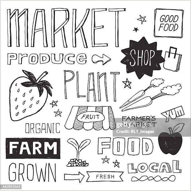 stockillustraties, clipart, cartoons en iconen met farmer’s market doodles — vector elements - kramen