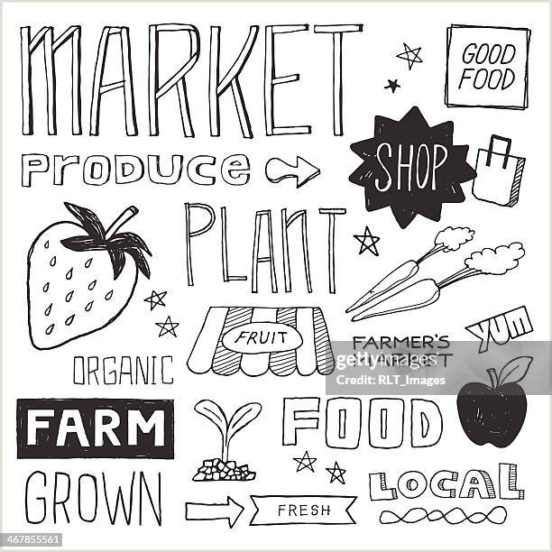 farmer’s market doodles — vector elements - flower market stock illustrations