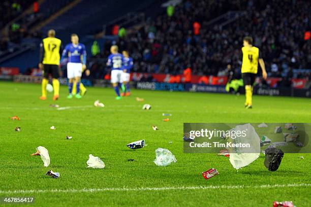 The windy conditions blow lots of rubbish onto the pitch during the Sky Bet Championship match between Leicester City and Watford at The King Power...