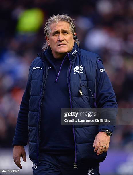 Scotland coach Scott Johnson looks on during the RBS Six Nations match between Scotland and England at Murrayfield Stadium on February 8, 2014 in...