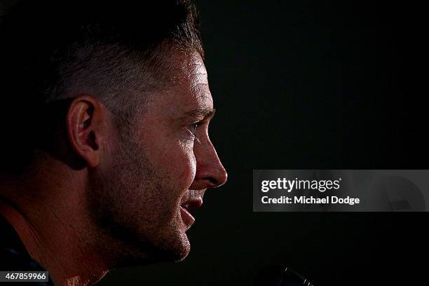 Captain Michael Clarke of Australia speaks to the media during a press conference at Melbourne Cricket Ground on March 28, 2015 in Melbourne,...