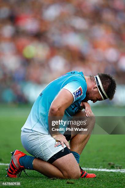 Maks van Dyk of the Cheetahs shows his pain during the round seven Super Rugby match between the Chiefs and the Cheetahs at Waikato Stadium on March...