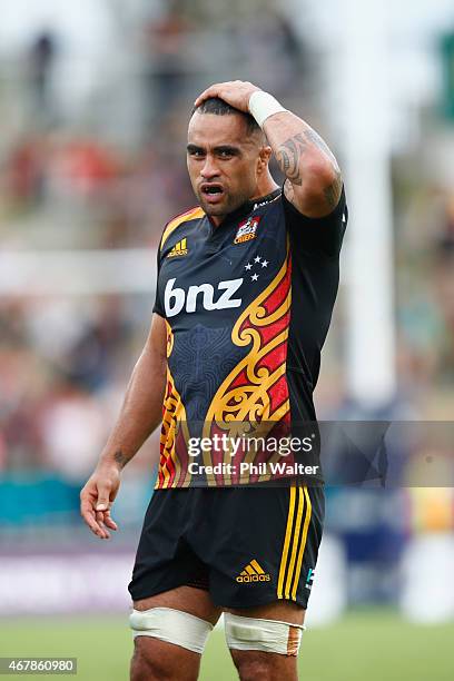 Liam Messam of the Chiefs during the round seven Super Rugby match between the Chiefs and the Cheetahs at Waikato Stadium on March 28, 2015 in...