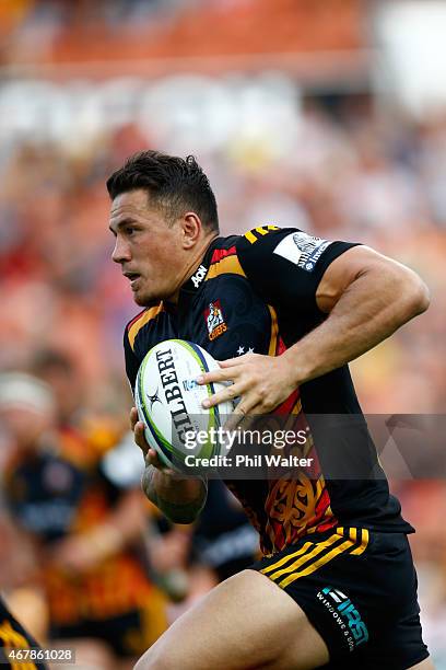 Sonny Bill Williams of the Chiefs makes a break during the round seven Super Rugby match between the Chiefs and the Cheetahs at Waikato Stadium on...