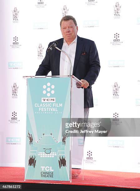 Actor William Shatner attends the Christopher Plummer Hand and Footprint Ceremony during the 2015 TCM Classic Film Festival on March 27, 2015 in Los...