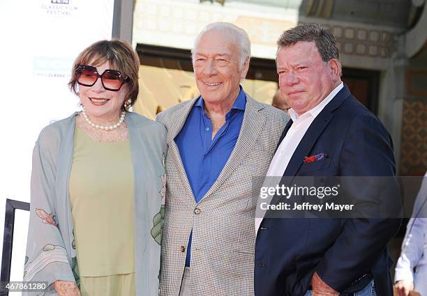 Actress Shirley MacLaine, honoree Christopher Plummer and actor William Shatner attend the Christopher Plummer Hand and Footprint Ceremony during the...