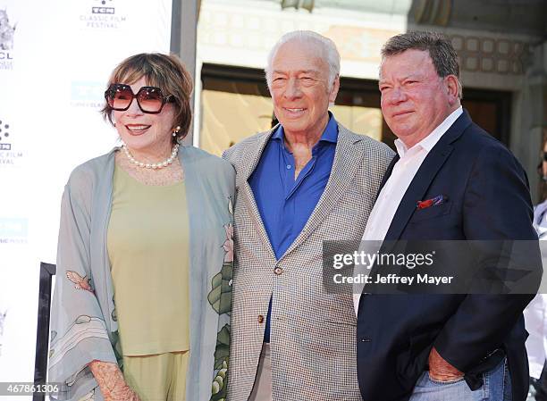 Actress Shirley MacLaine, honoree Christopher Plummer and actor William Shatner attend the Christopher Plummer Hand and Footprint Ceremony during the...