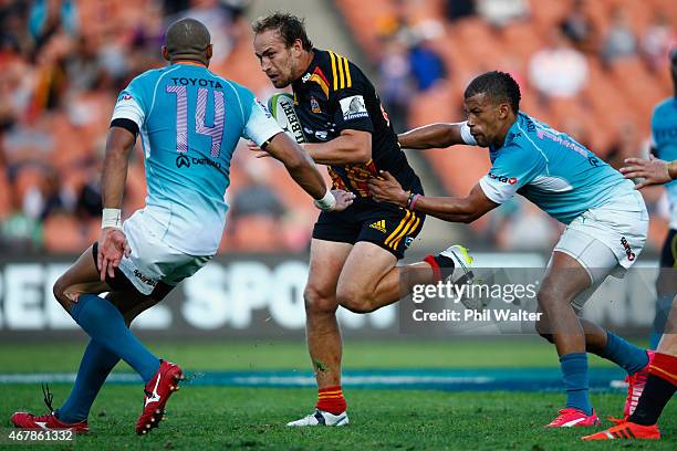 Andrew Horrell of the Chiefs runs in to score a try during the round seven Super Rugby match between the Chiefs and the Cheetahs at Waikato Stadium...