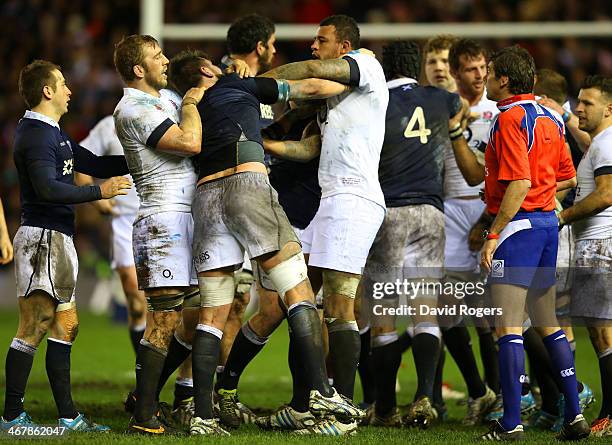 Ryan Wilson of Scotland and Courtney Lawes of England clash during the RBS Six Nations match between Scotland and England at Murrayfield Stadium on...