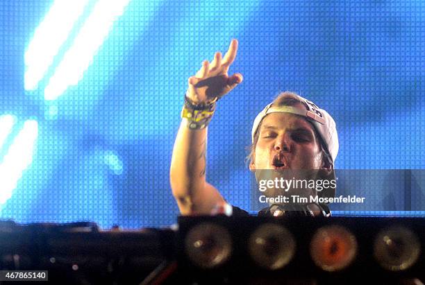 Avicii performs during the Ultra Music Festival at Bayfront Park Amphitheater on March 27, 2015 in Miami, Florida.