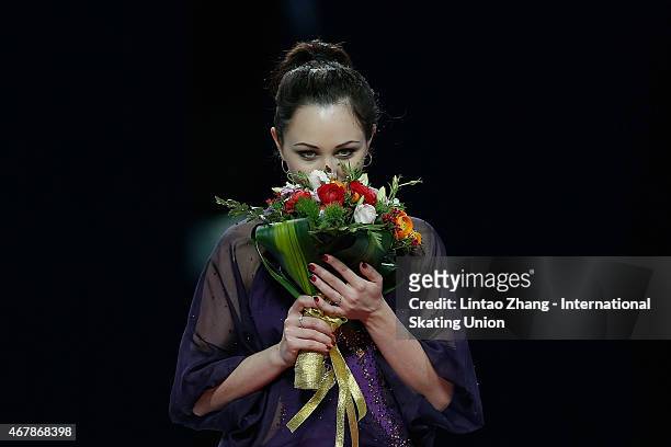First place winner Elizaveta Tuktamysheva of Russia pose on the podium after the medals ceremony of the Ice Dance-Ladies Free Skating on day four of...