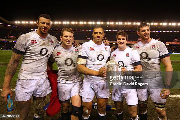 Courtney Lawes, Dylan Hartley, Luther Burrell, Lee Dickson and Tom Wood of England pose with The Calcutta Cup after victory in the RBS Six Nations...