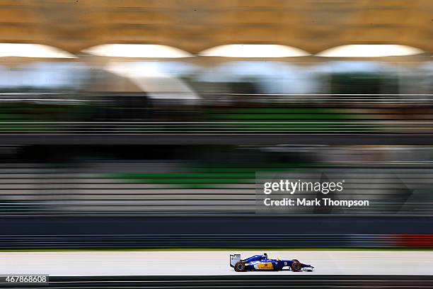 Marcus Ericsson of Sweden and Sauber F1 drives during final practice for the Malaysia Formula One Grand Prix at Sepang Circuit on March 28, 2015 in...