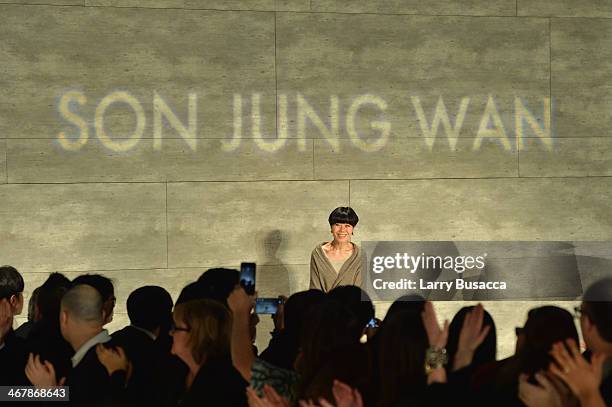 Designer Son Jung Wan attends the Son Jung Wan fashion show during Mercedes-Benz Fashion Week Fall 2014 at The Pavilion at Lincoln Center on February...