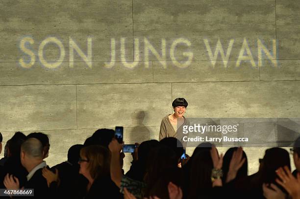 Designer Son Jung Wan attends the Son Jung Wan fashion show during Mercedes-Benz Fashion Week Fall 2014 at The Pavilion at Lincoln Center on February...