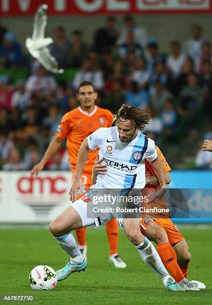 Josh Kennedy of Melbourne City controls the ball during the round 23 A-League match between Melbourne Victory and Brisbane Roar at AAMI Park on March...