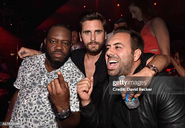 Freestyle Steve, television personality Scott Disick and Eli Pacino appear at 1 OAK Nightclub at The Mirage Hotel & Casino on March 27, 2015 in Las...