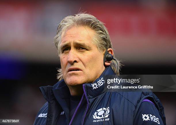 Scotland coach Scott Johnson looks on during the RBS Six Nations match between Scotland and England at Murrayfield Stadium on February 8, 2014 in...