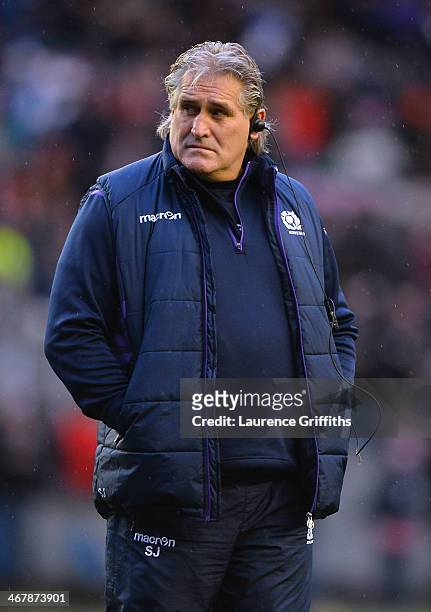 Scotland coach Scott Johnson looks on during the RBS Six Nations match between Scotland and England at Murrayfield Stadium on February 8, 2014 in...