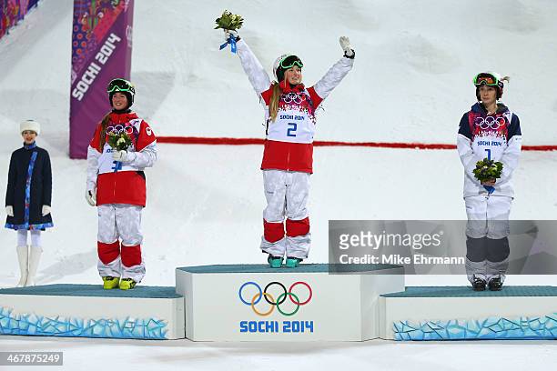 Silver medalist Chloe Dufour-Lapointe of Canada, gold medalist Justine Dufour-Lapointe of Canada and bronze medalist Hannah Kearney of the United...
