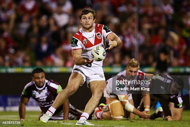 Mitch Rein of the Dragons passes during the round four NRL match between the St George Illawarra Dragons and the Manly Warringah Sea Eagles at WIN...