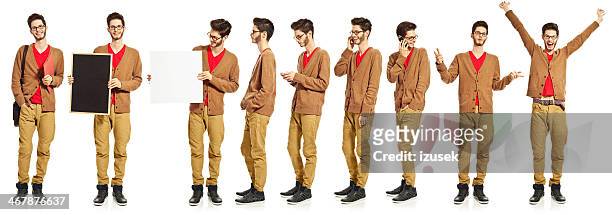 mehrfachbelichtung eines jungen mannes - multiple images different expressions stock-fotos und bilder