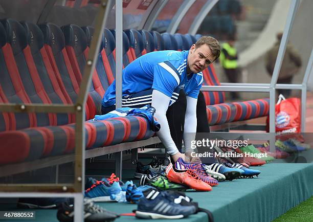 Goalkeeper Manuel Neuer of Germany prepares for a Germany training session ahead of their Euro 2016 Qualifier against Georgia at Boris Paichadze...