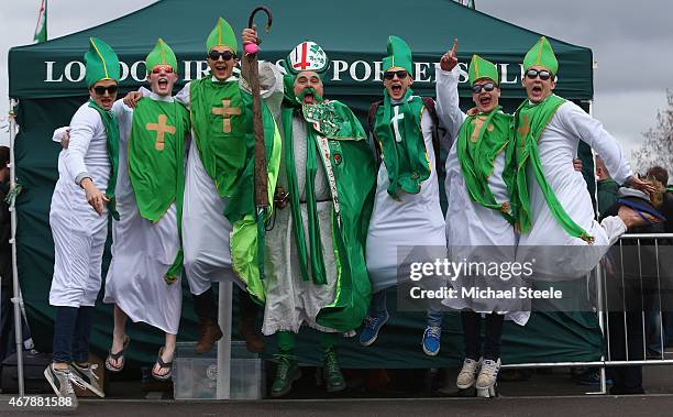 Supporters of London Irish leap to the occasion at the St Patrick's Party ahead of the Aviva Premiership match between London Irish and Newcastle...