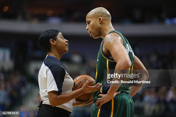 Referee Violet Palmer talks with Richard Jefferson of the Utah Jazz at American Airlines Center on February 7, 2014 in Dallas, Texas. NOTE TO USER:...