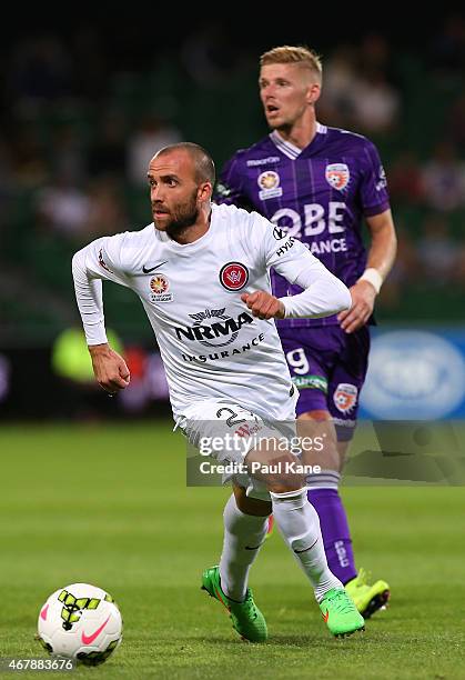 Jason Trifiro of the Wanderers looks to pass the ball during the round 23 A-League match between Perth Glory and the Western Sydney Wanderers at nib...