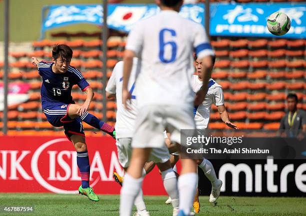 Yuta Toyokawa of Japan in action during the AFC U23 Championship Qualifier Group I match between Japan and Macau at Shah Alam Stadium on March 27,...