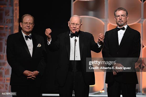 Dr. Ted Baehr, John Templeton, J. And comedian Bill Engvall speak on stage at the 22nd Annual Movieguide Awards Gala at the Universal Hilton Hotel on...
