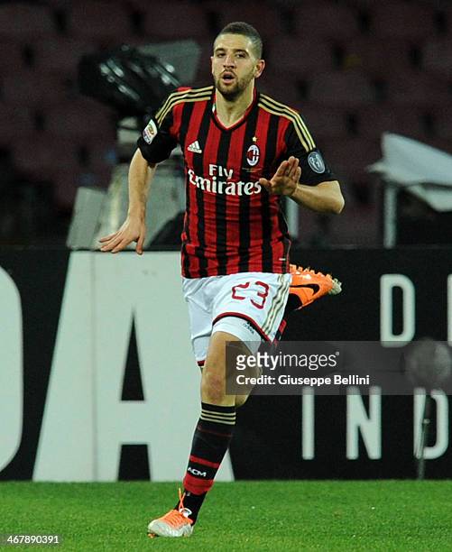 Adel Taarabt of Milan celebrates after scoring the opening goal during the Serie A match between SSC Napoli and AC Milan at Stadio San Paolo on...
