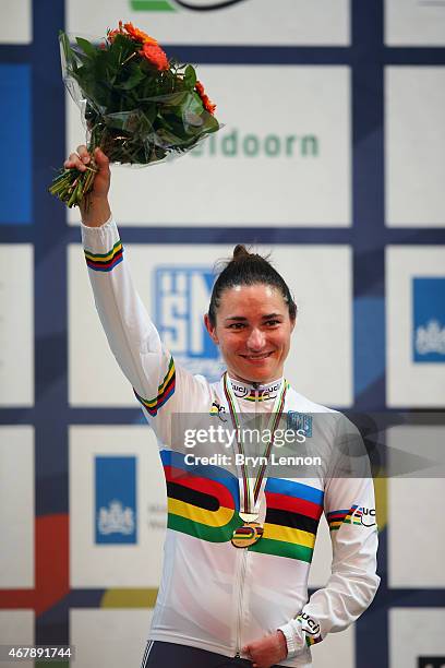 Dame Sarah Storey of the Great Britain Cycling Team celebrates winning the C-5 3km Pursuit on day three of the UCI Para-cycling Track World...