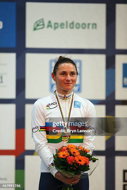 Dame Sarah Storey of the Great Britain Cycling Team celebrates winning the C-5 3km Pursuit on day three of the UCI Para-cycling Track World...