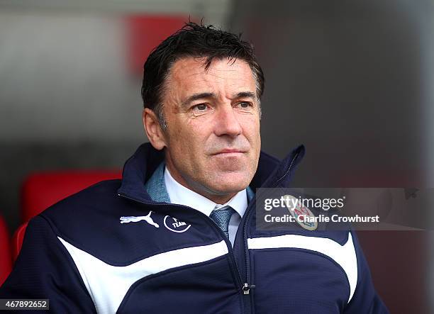 Crawley manager Dean Saunders during the Sky Bet League One match between Crawley Town and Gillingham at The Checkatrade.com Stadium on March 28,...