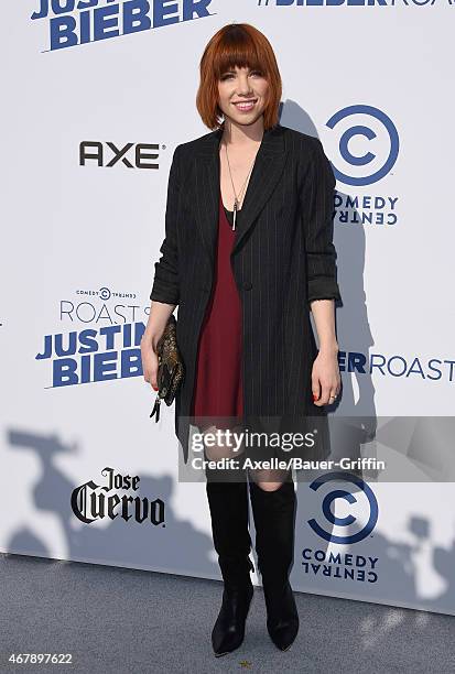 Singer Carly Rae Jepsen arrives at the Comedy Central Roast of Justin Bieber on March 14, 2015 in Los Angeles, California.