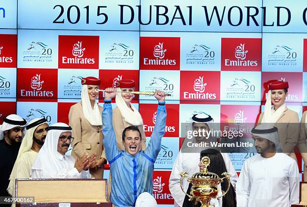 William Buick celebrates winning the Dubai World Cup on Prince Bishop at the Meydan Racecourse on March 28, 2015 in Dubai, United Arab Emirates.