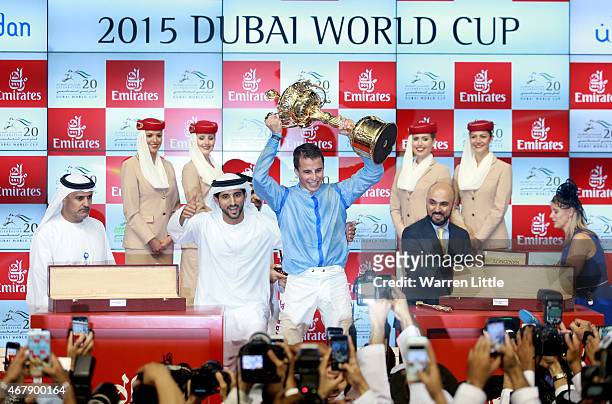 William Buick and Hamdan bin Mohammed bin Rashid Al Maktoum, Crown Prince of Dubai celebrate winning the Dubai World Cup on Prince Bishop at the...