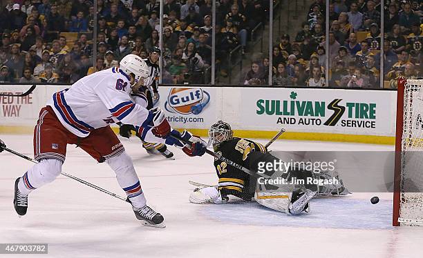 Rick Nash of the New York Rangers scores on Niklas Svedberg of the Boston Bruins in the second period against the New York Rangers at the TD Garden...