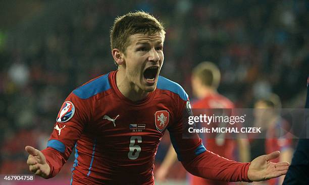 Vaclav Pilar of Czech Republic reacts during the Group A Euro 2016 qualifying football match between Czech Republic and Latvia, on March 28, 2015 in...