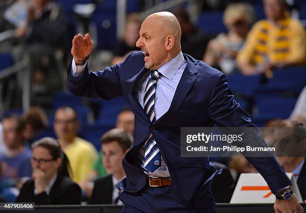 Coach Sasa Obradovic of ALBA Berlin gestures during the game between Alba Berlin and Telekom Baskets Bonn on March 28, 2015 in Berlin, Germany.