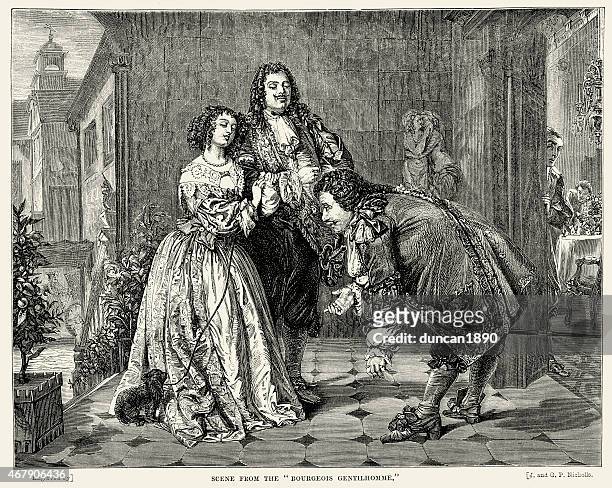 scene from le bourgeois gentilhomme by moliere - 17th century man stock illustrations