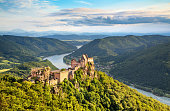 Wachau valley with castle ruin at sunset, Austria
