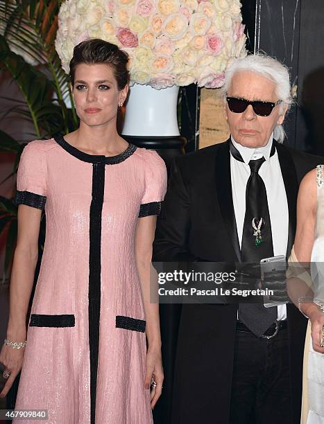Charlotte Casiraghi and Karl Lagerfeld attend the Rose Ball 2015 in aid of the Princess Grace Foundation at Sporting Monte-Carlo on March 28, 2015 in...