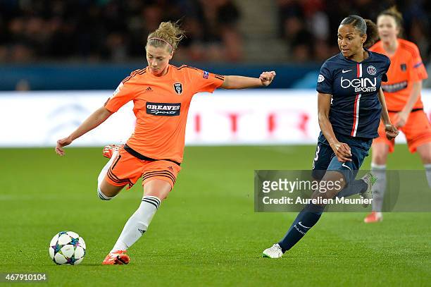 Nicola Docherty of Glasgow and Marie-Laure Delie of Paris Saint-Germain in action during the UEFA Woman's Champions League Quarter Final match...