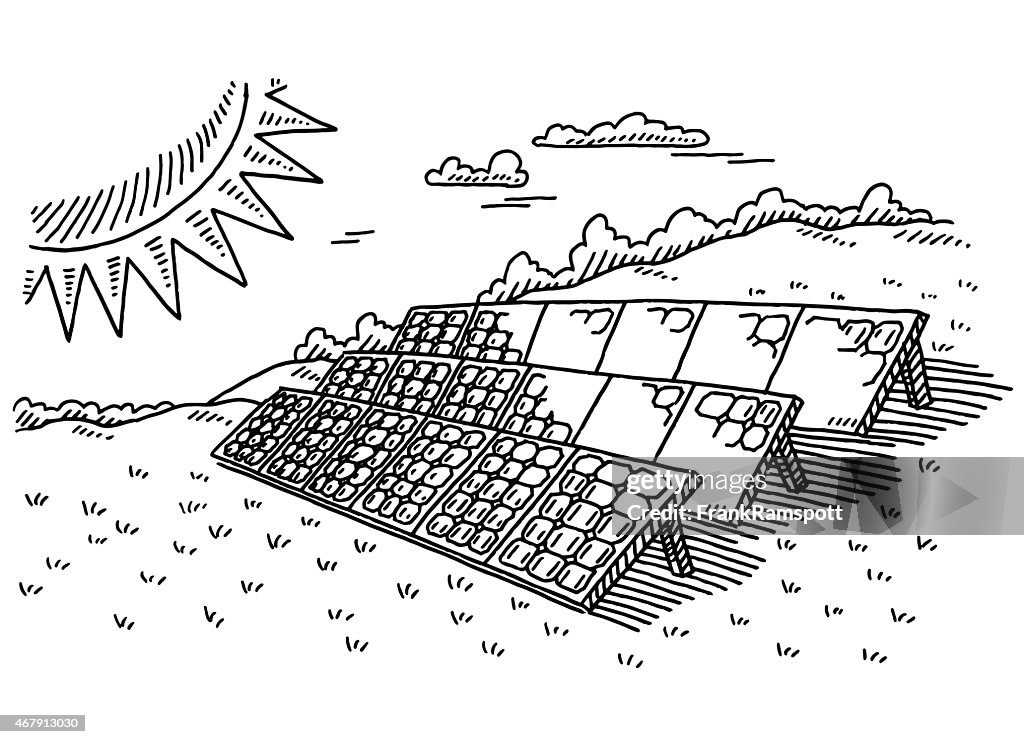 Sun Energy Solar Panels Landscape Drawing High-Res Vector Graphic ...