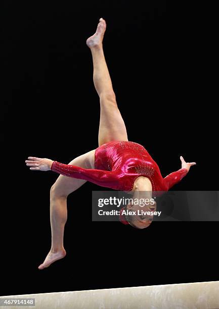 Amy Tinkler of South Durham competes on the Beam during day two of the Mens & Womens Artistic British Championships 2015 at the Echo Arena on March...