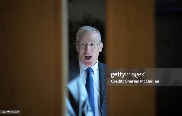 Gregory Campbell jokes with party colleagues at the Democratic Unionist Party Spring Conference on March 28, 2015 in Belfast, Northern Ireland. The...