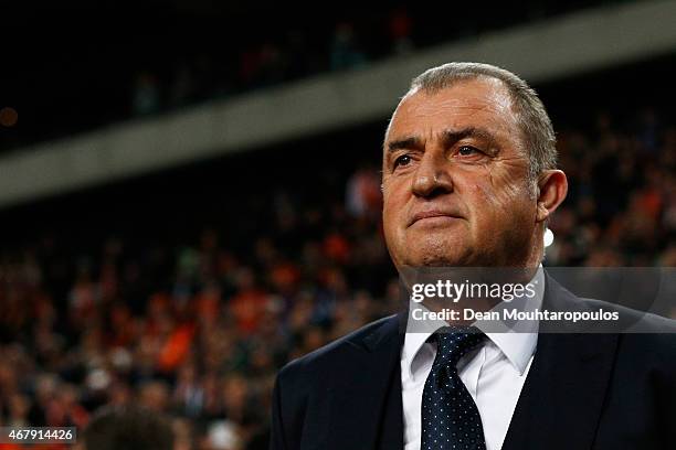 Turkey Manager / Head Coach, Fatih Terim looks on during the UEFA EURO 2016 qualifier match bewteen the Netherlands and Turkey held at Amsterdam...